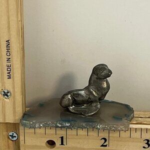 Vintage Pewter Seal Figurine on Blue Agate Slice Base Mini Statue 2" Silver